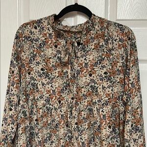 Brown Tan Puff Sleeve Blouse with Mandarin Collar